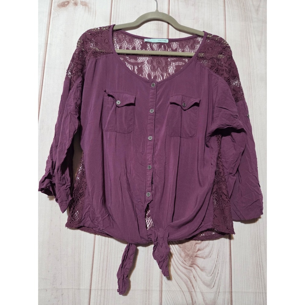 Maurices Womens Large Purple Lace Back Tie Front Button Down 3/4 Sleeve Top